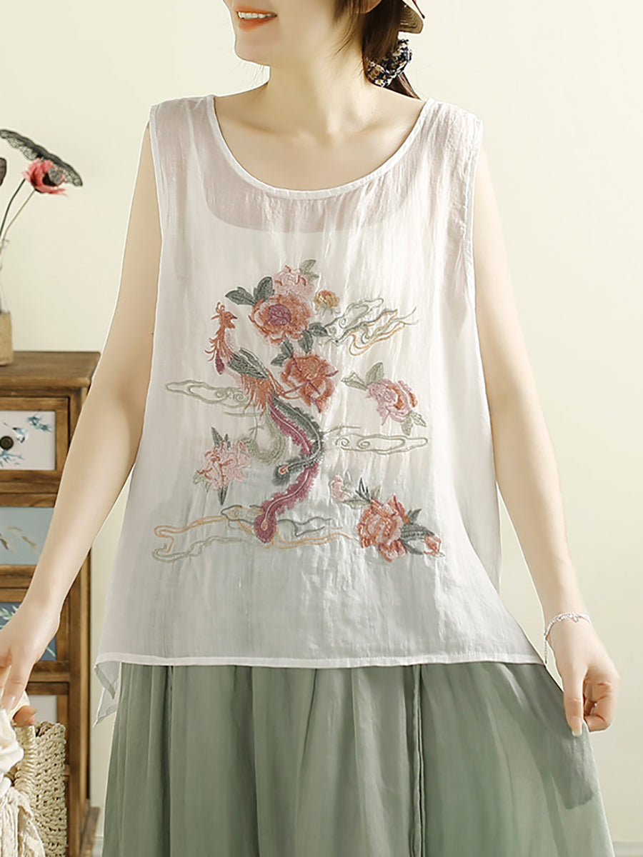 Women Vintage Flower Embroidery Ramie Summer Vest WE1022