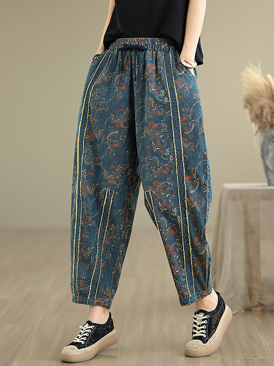 Denim Patchwork Hosen Harem Frauen Retro Blume 