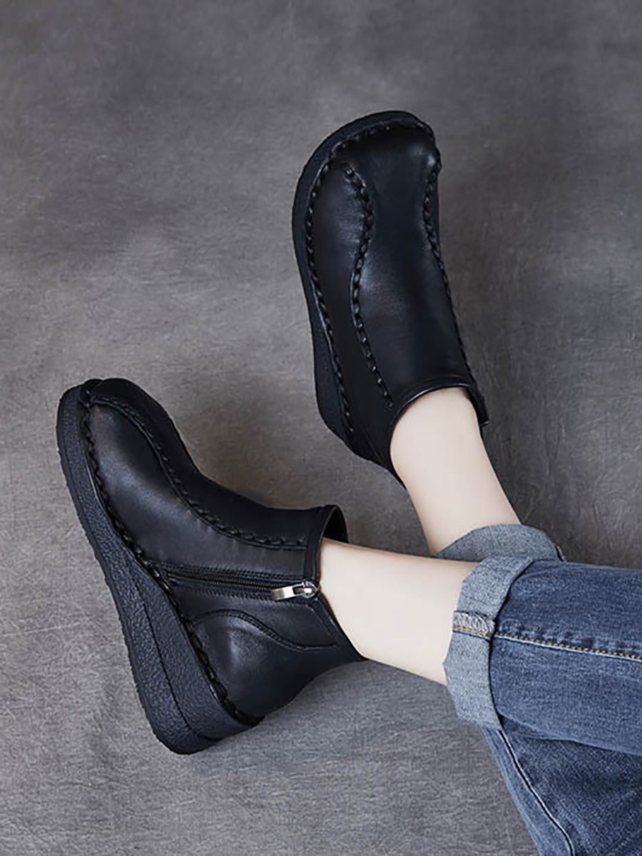 Women Retro Soft Leather Spliced Fleece-lined Mid-Heel Boots AH1081