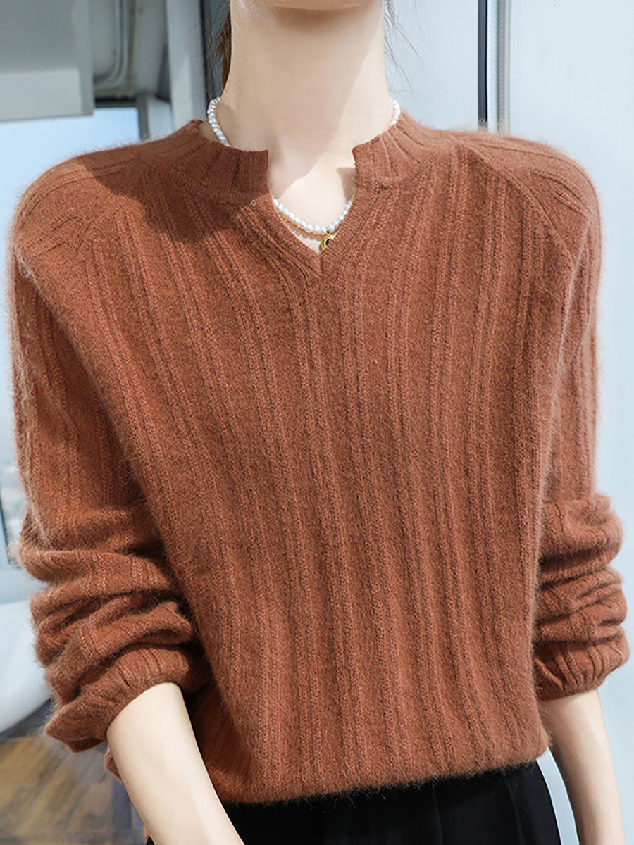 Pull en tricot chaud en laine unie à col en V pour femme AV1013 