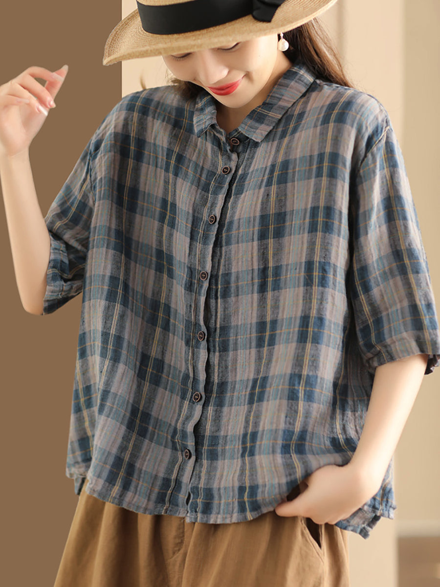 Women Artsy Plaid Summer Button-up Linen Shirt KL1012