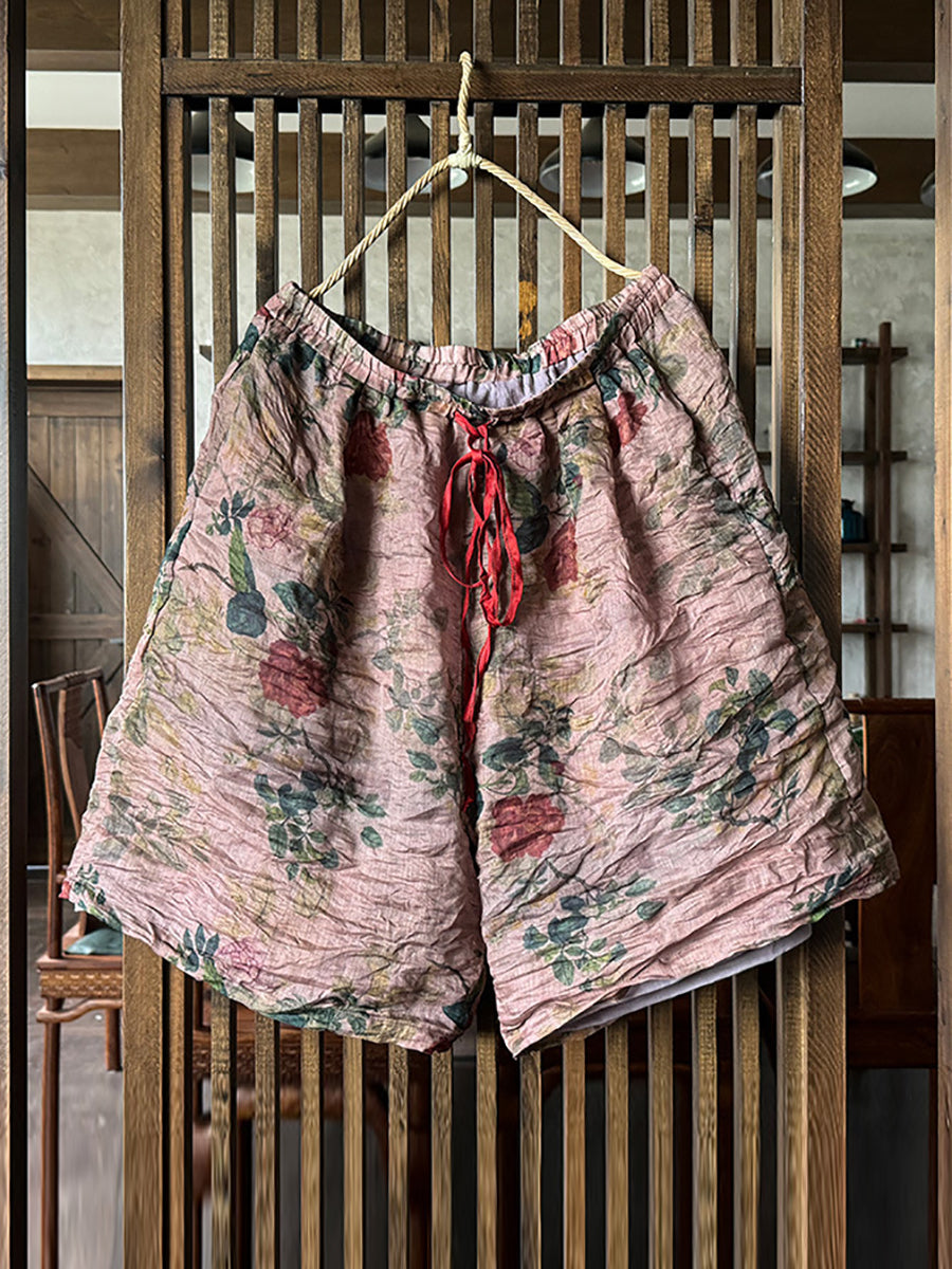 Women Summer Vintage Flower Loose Ramie Shorts RR1024