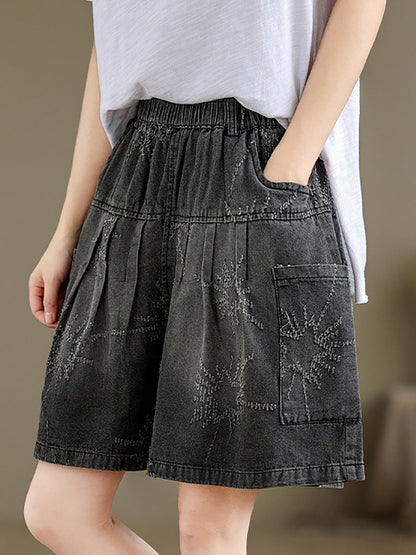 Women Summer Retro Star Jacquard Denim Fifth Pants CC012