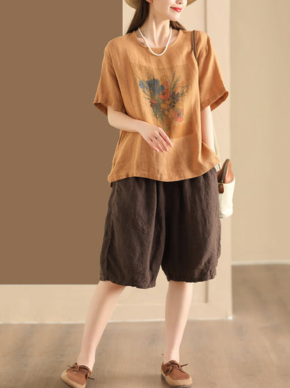 Women Summer Casual Flower Linen Pullover Shirt TY1022