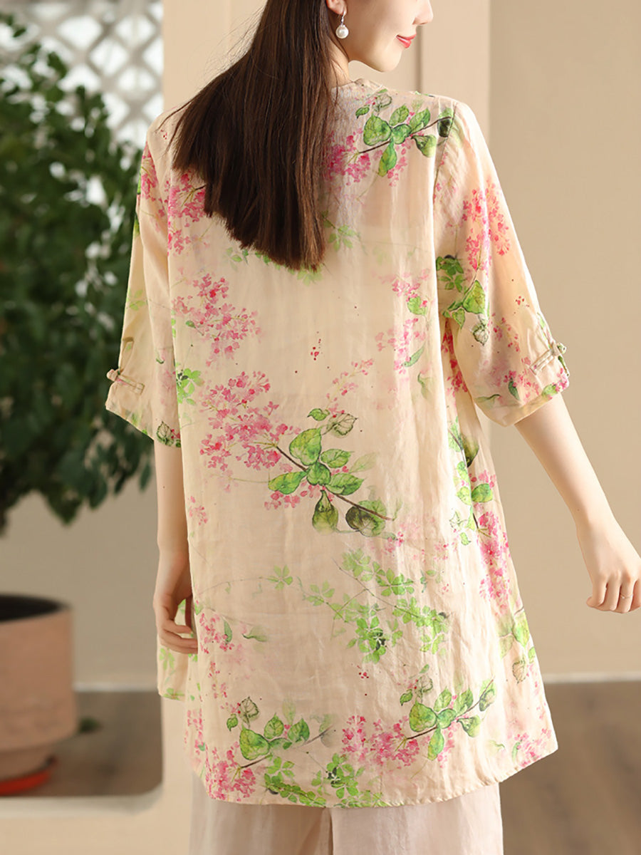 Chemise longue d'été vintage en ramie avec boucle à fleurs pour femme LL039