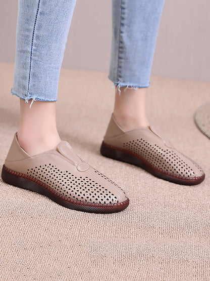 Women Summer Solid Casual Leather Cutout Flat Shoes HH048