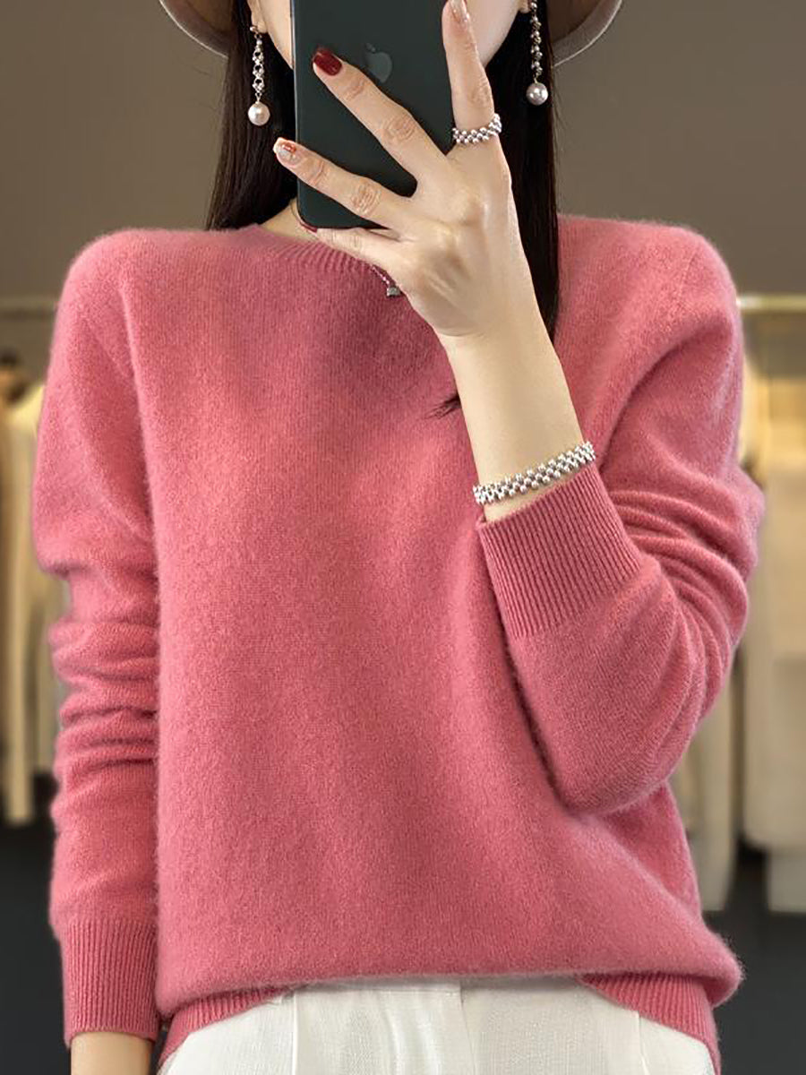 Women Autumn Solid Knit 100%Wool O-Neck Sweater WU023