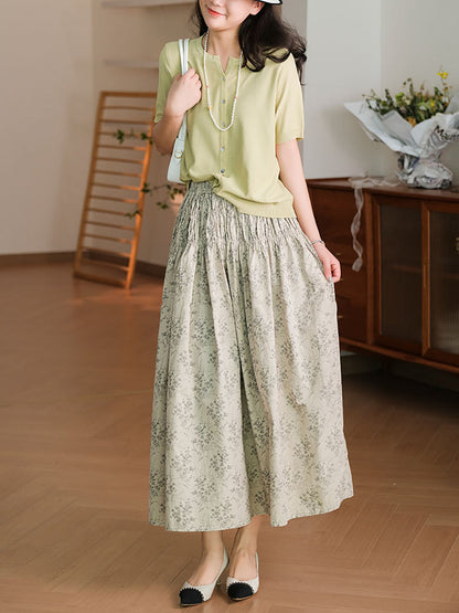 Women Summer Artsy Floral Shirred Cotton Skirt AH345