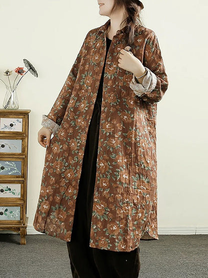 Women Vintage Autumn Flower Button-up Thin Cotton Coat AK1014