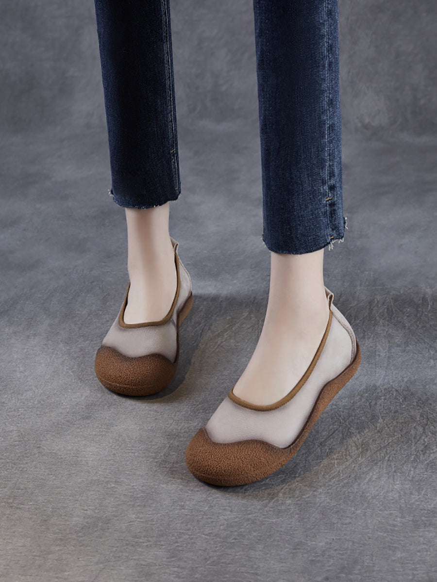 Summer Colorblock Leather Women Flat Genuine Shoes