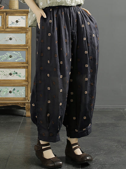 Women Spring Artsy Flower Embroidery Ramie Harem Pants KL1009