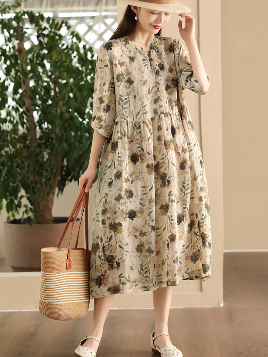 Robe d'été ample à col en V et imprimé floral pour femme LL020