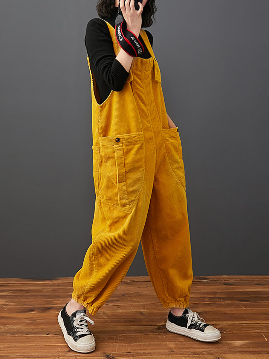 Women Commute Autumn Solid Corduroy Loose Jumpsuits AK1022