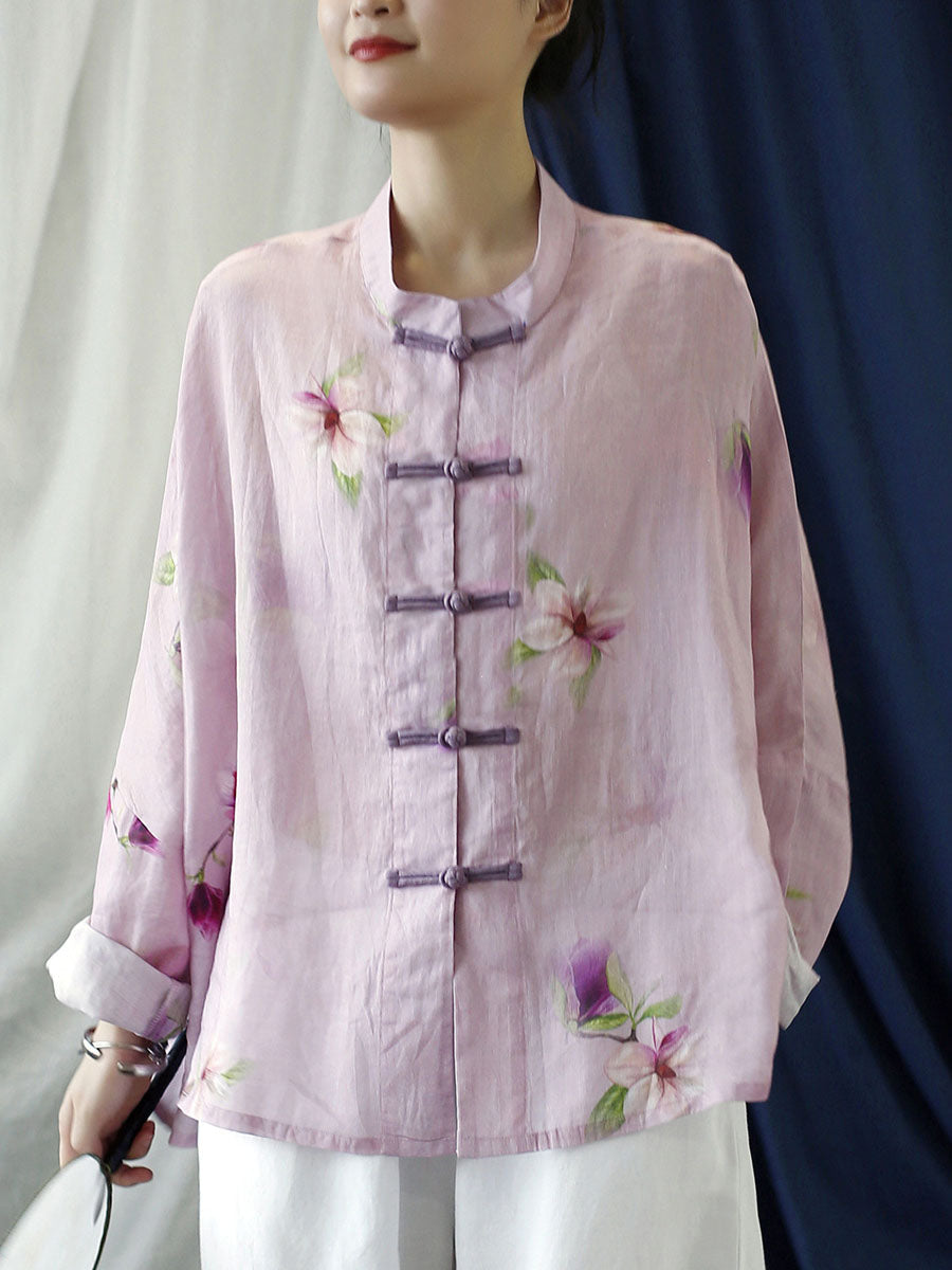 Manteau chemise en ramie rose vintage à fleurs pour femmes de grande taille PP1051