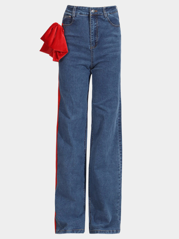 Rote schicke gebundene gerade Jeans mit hoher Taille und Knöpfen 