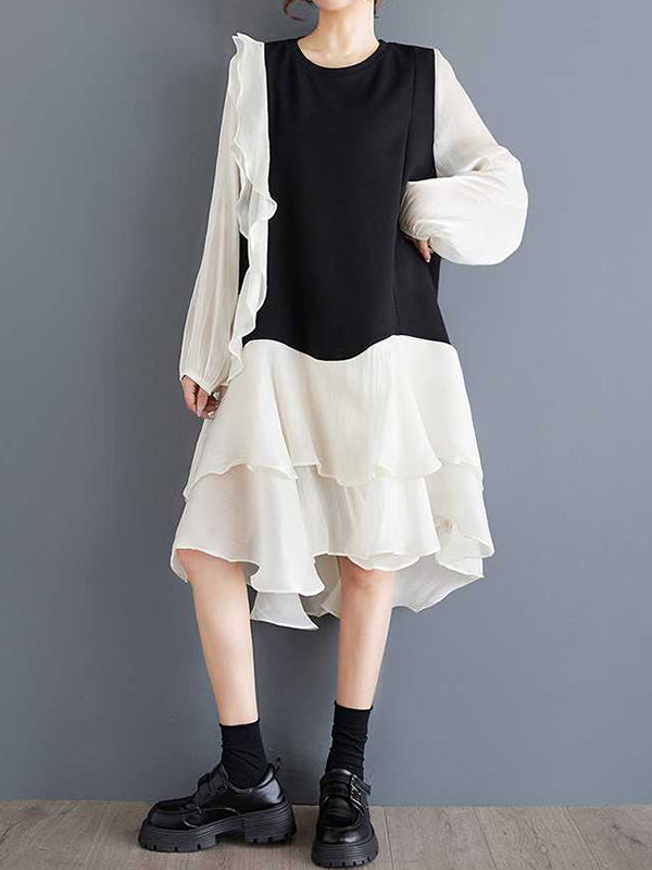 Schickes schwarzes Patchwork-Kleid mit Rundhalsausschnitt, kontrastfarbenem Rüschenbesatz und High-Low-Langarm TW019 