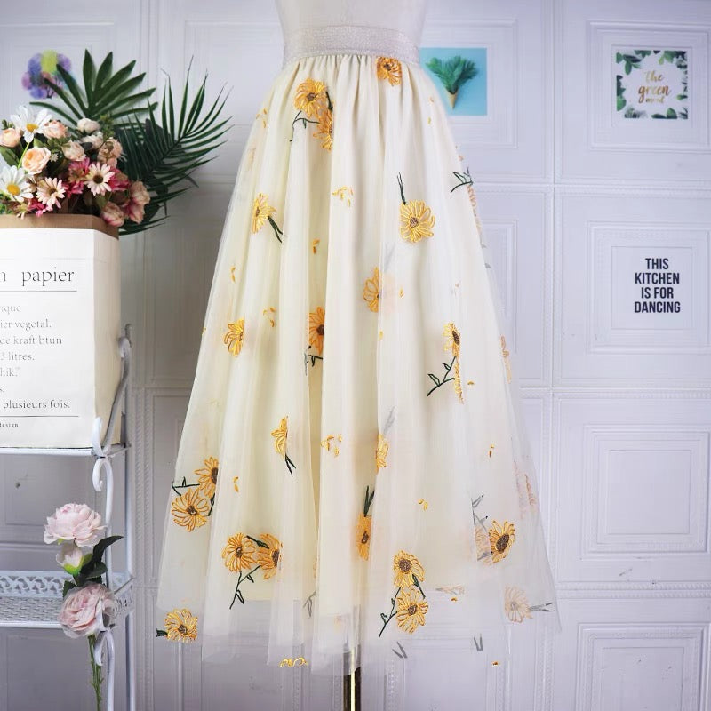 Fairy Beige High Waist Sunflower Embroidered Tulle Skirt NN009