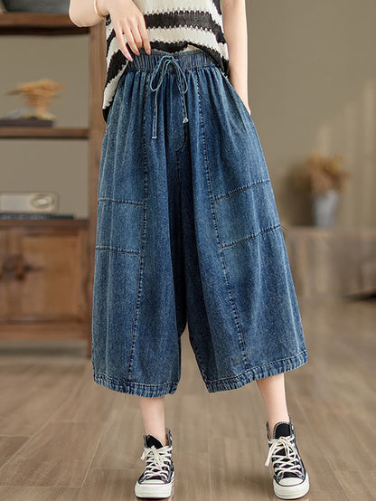 Women Summer Casual Solid Denim Spliced Wide-leg Pants PP1002