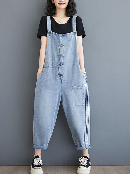 Women Summer Casual Solid Denim Shirred Jumpsuits AT1032