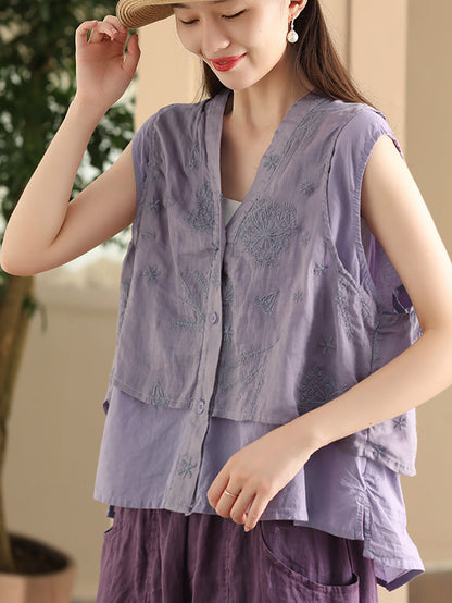 Women Summer Ethnic Embroidery Button-up Spliced Ramie Vest FD001