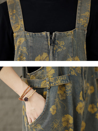 Women Autumn Retro Flower Zipper Denim Jumpsuits AX1002