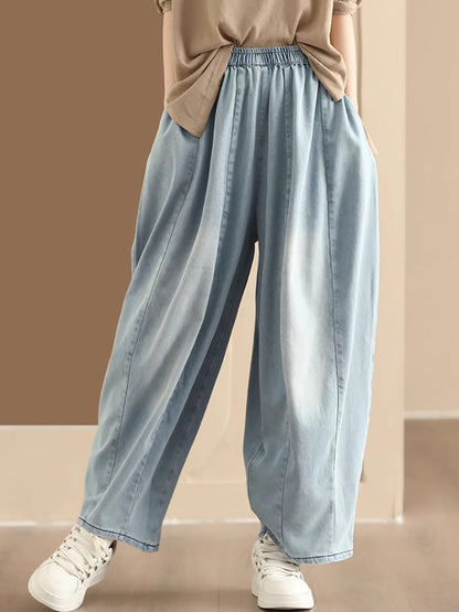 Women Vintage Washed Spliced Denim Wide-leg Pants QW1007