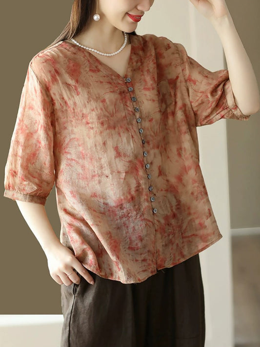Women Vintage Floral Summer Button-Up Ramie Shirt XX1042