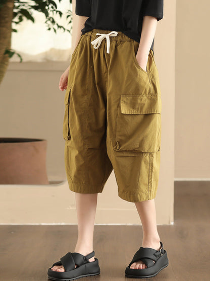 Women Summer Casual Solid Pocket Loose Cotton Fifth Pants FD022