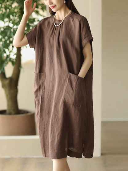 Women Summer Casual Solid Pocket O-Neck Linen Dress FD002