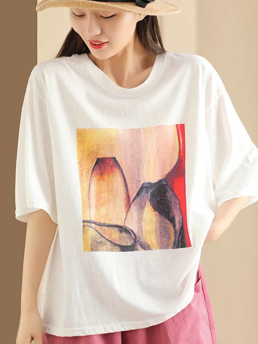 Women Summer Casual Print O-Neck Loose Shirt HH042