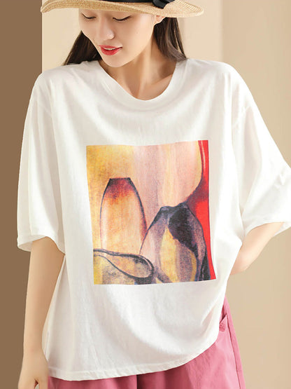 Women Summer Casual Print O-Neck Loose Shirt HH042