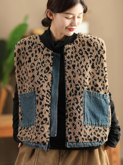 Women Autumn Retro Leopard O-Neck Dual-side Wearing Vest QN008