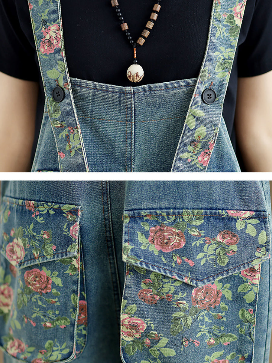 Damen Sommer Retro Blumen Gespleißt Denim Overalls BN1030