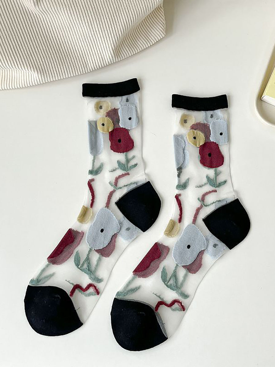 5 Pairs Women Artsy Summer Flower Jacquard Thin Socks CX040