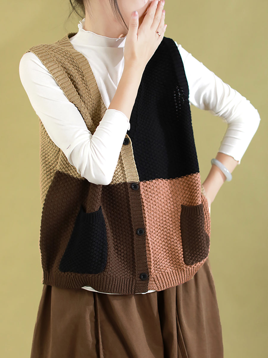 Women Autumn Colorblock Knitted V-Neck Vest CV1029