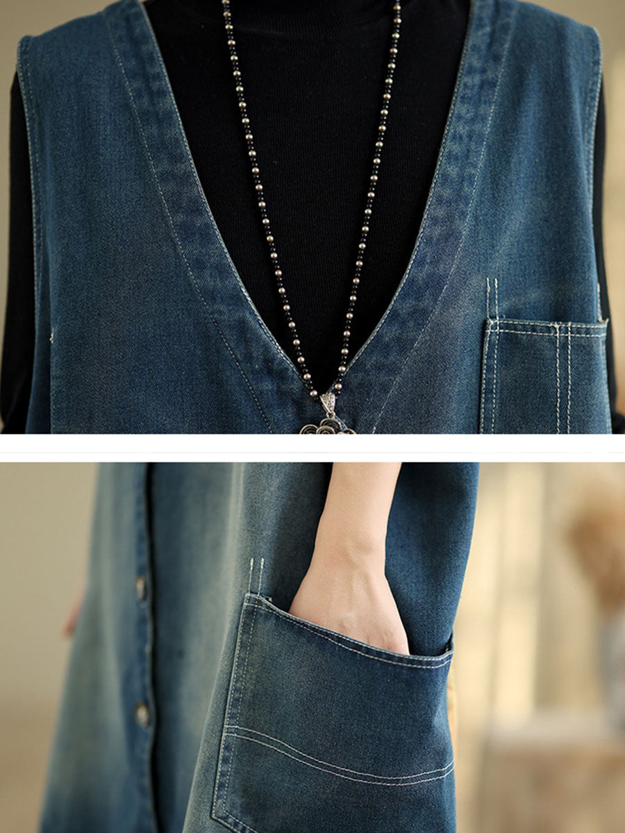 Women Casual Summer Spliced V-Neck Button-up Denim Vest Coat AT1007