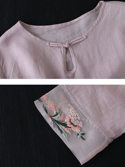 Women Summer Vintage Floral Embroidery Ramie Shirt AS1045