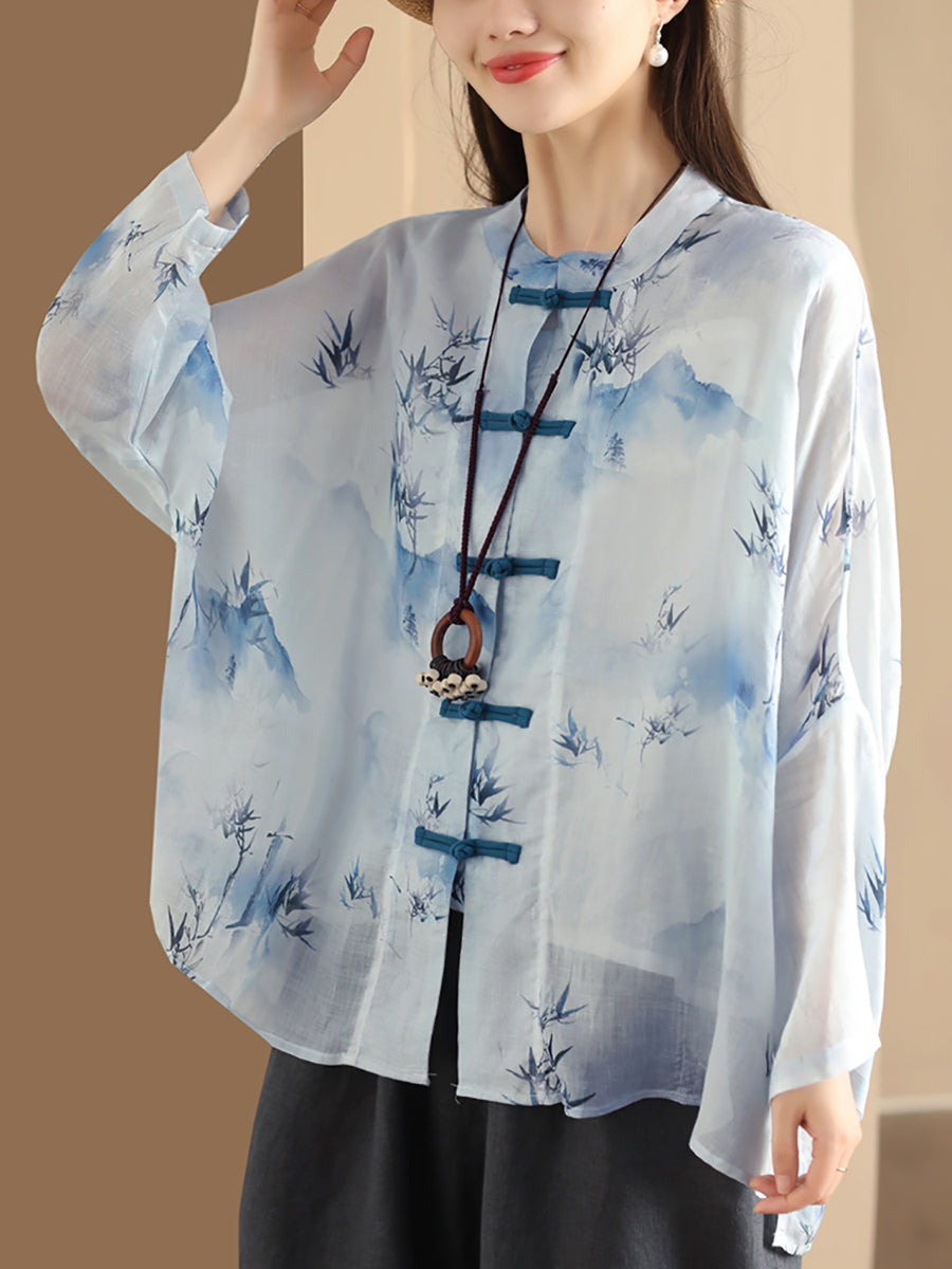 Chemise d'été boutonnée en ramie à fleurs artistiques pour femmes HH016