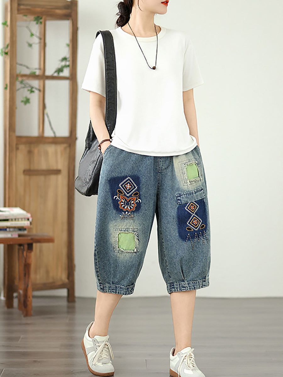 Denim Blume Retro Stickerei Fünfte Frauen Hosen Patchwork 