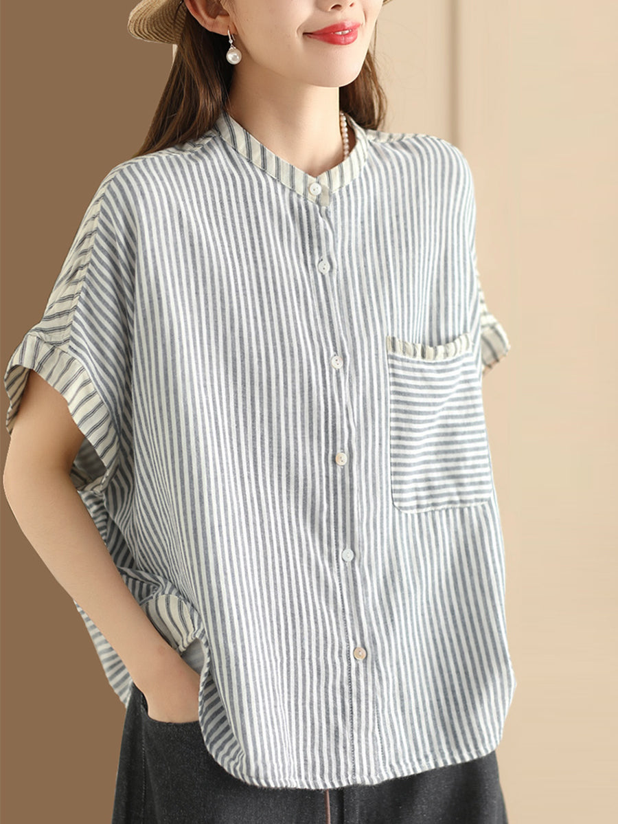 Women Summer Artsy Stripe Spliced Linen Shirt WE1039