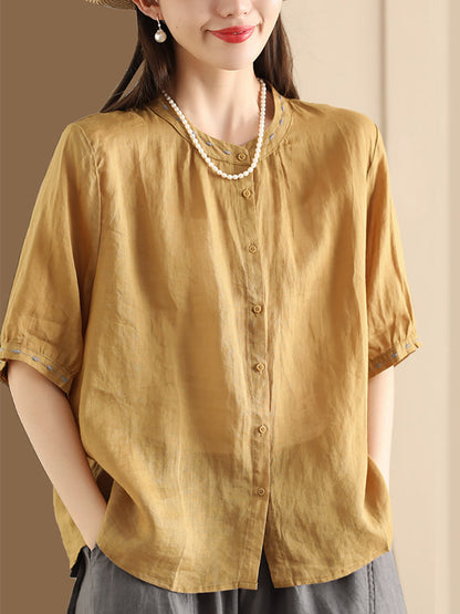 Women Summer O-Neck Embroidery Button-up Ramie Shirt PP1035