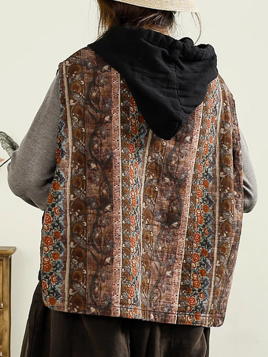 Women Autumn Vintage Flower Spliced Hooded Cotton Vest AI1037