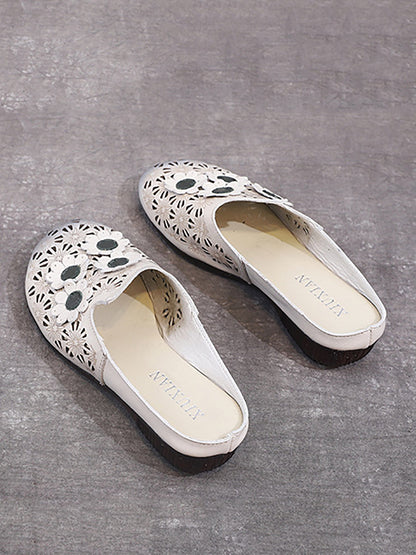 Women Summer Leather Flower Spliced Cutout Slippers OO1019