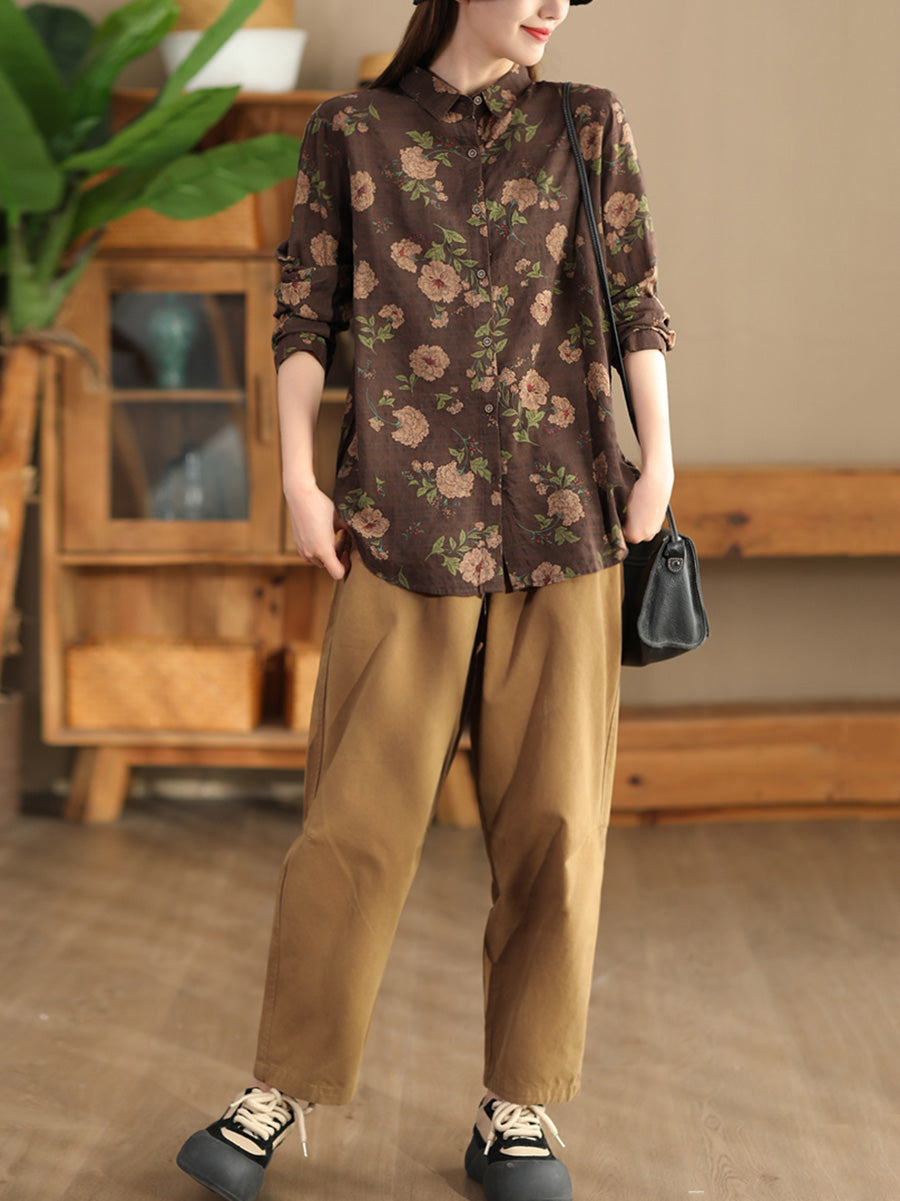 Women Autumn Vintage Flower Button-up Shirt AI1040