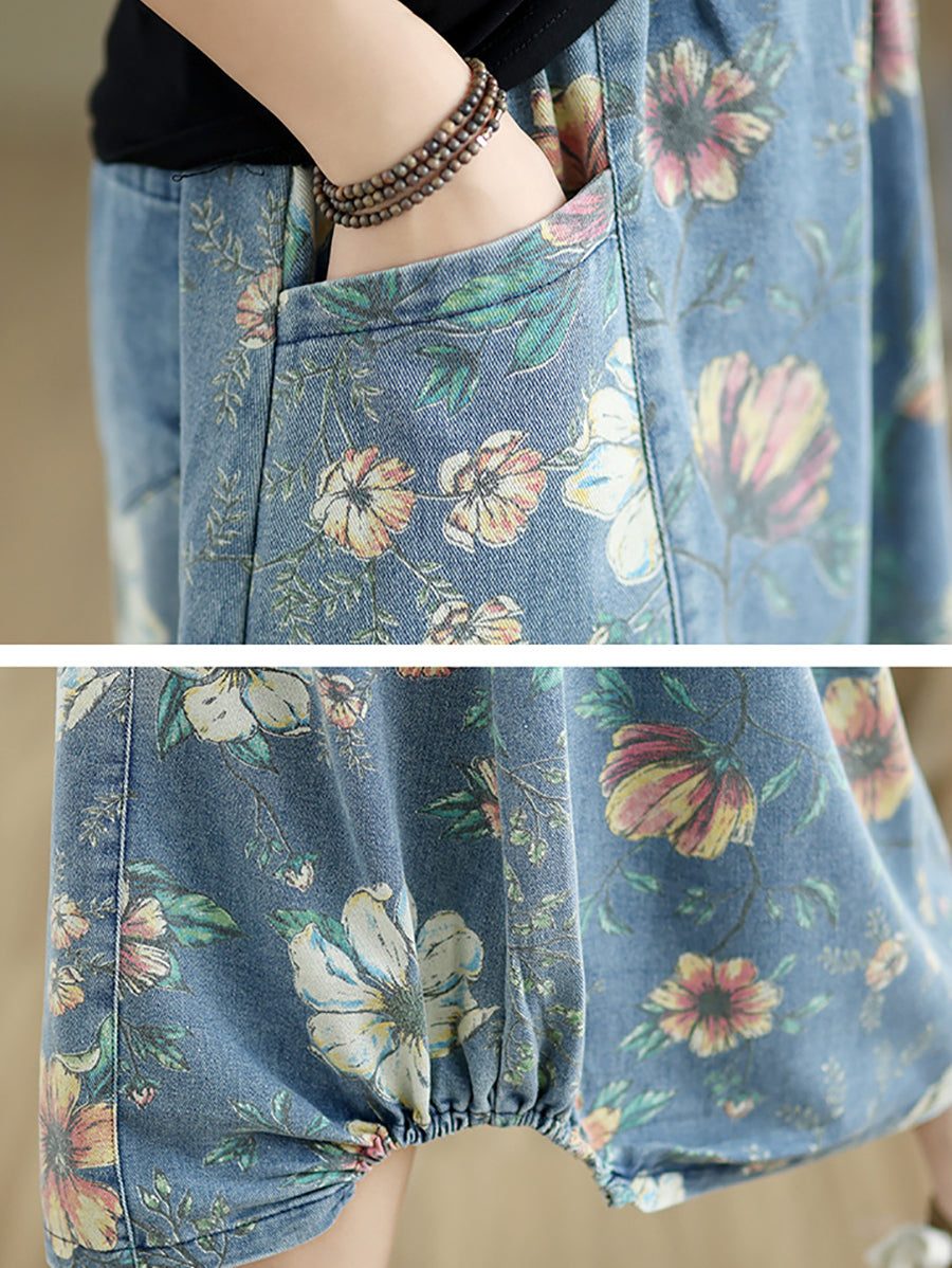 Women Summer Casual Flower Spliced Denim Skirt XX1027