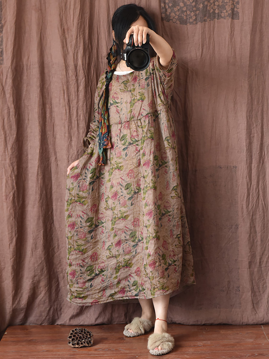 Robe d'été ample à carreaux floraux vintage pour femmes OP1008