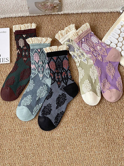 5 Pairs Women Autumn Artsy Flower JAcquard Cotton Socks QM009