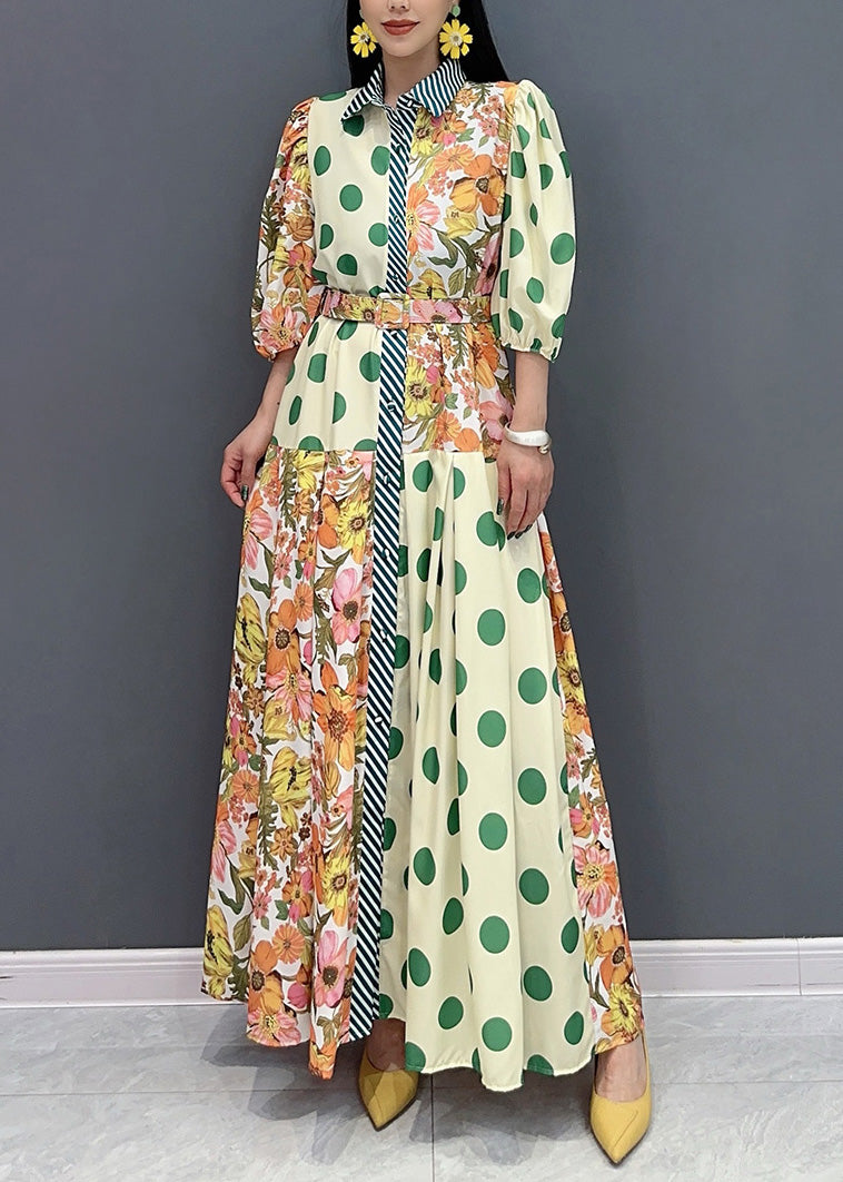 Style Green Peter Pan Collar Print Cotton Long Dress Summer AO1049