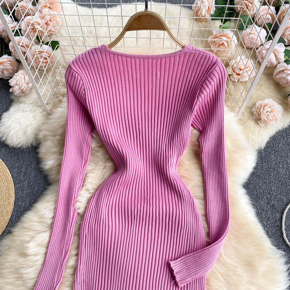 Sexy Pink V-neck Cross Slim Waist Long Sleeve Knit Sweater Dress AR1018