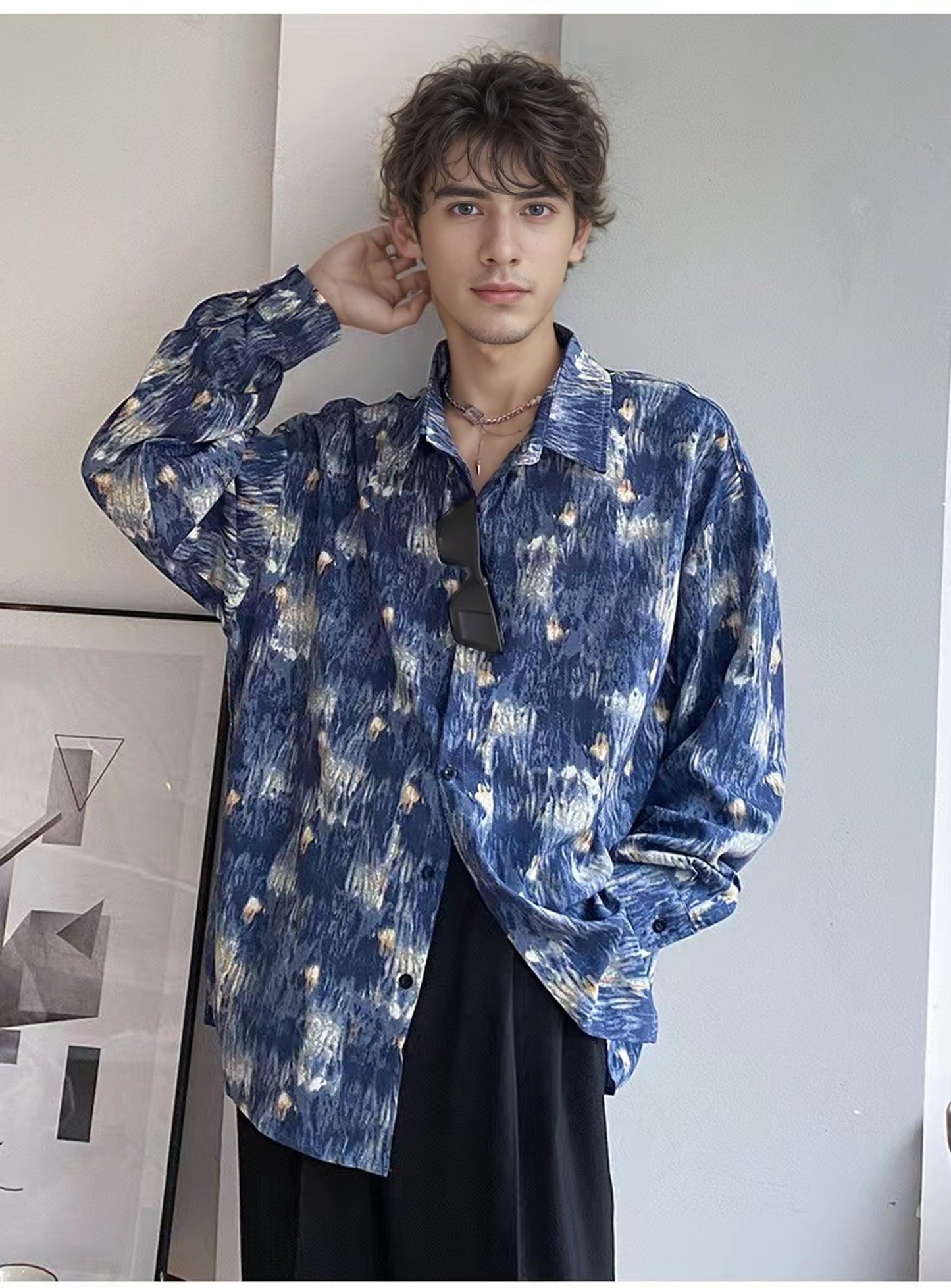 Hong Kong Style Starry Sky Oil Painting Tie Dye Shirt Men's Long Sleeved HG022